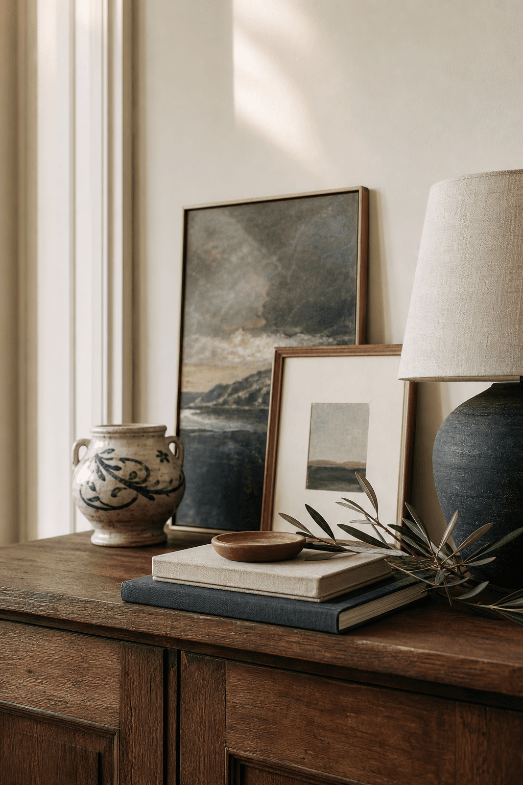 Detail van een bestaande houten kast met kunst, boeken, keramiek en lamp