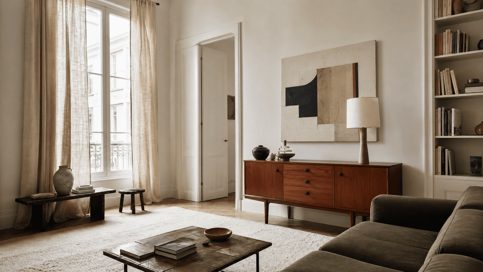 Lichte leefruimte met bestaande houten kast, kunst, boeken en warme materialen
